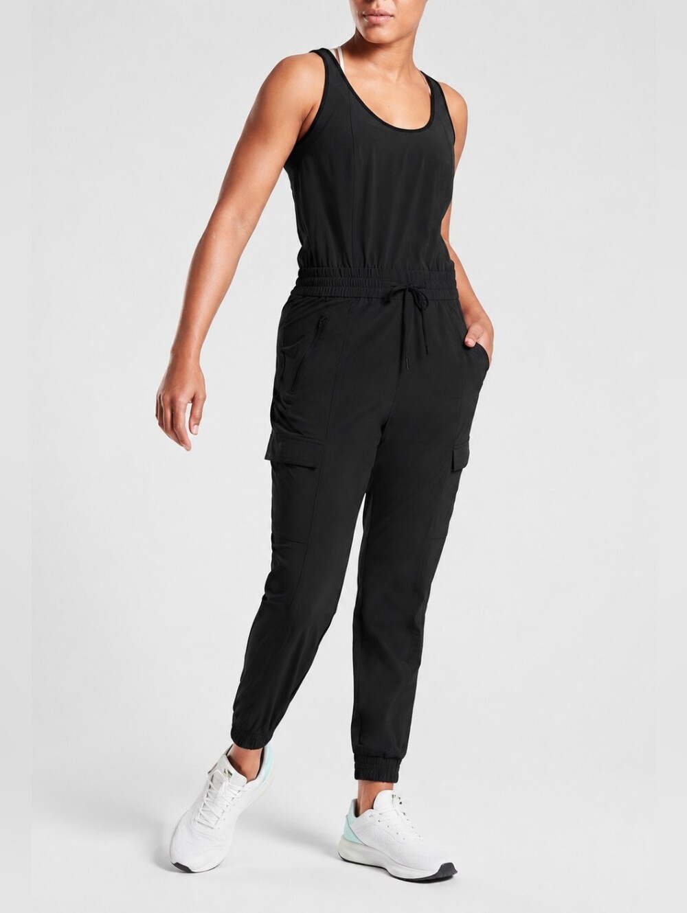 Athleta Jogger Cargo Jumpsuit Sz Med Black Athleisure Active Gorpcore Travel